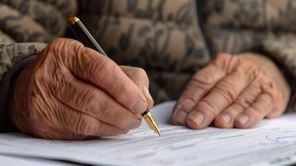 Photo of a senior reviewing a pension transfer form with a close up on the document and his pen highlighting the process of managing pension assets - obrazy, fototapety, plakaty