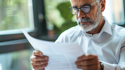 Photo of a senior reviewing his life insurance policy with a close up on the document and his reading glasses underscoring the significance of insurance in retirement planning - obrazy, fototapety, plakaty