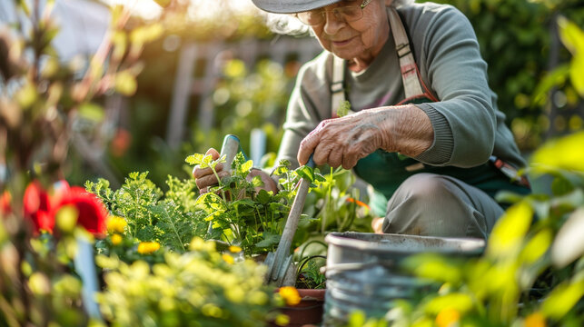 Photo of a senior sharing gardening tips with a close up on their hands holding gardening tools and the plants illustrating the sharing of eco friendly practices