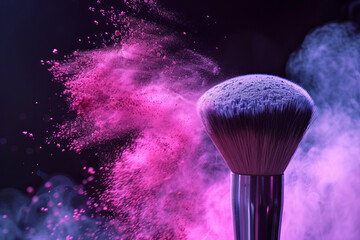 Splash makeup brush with explosion of colored powder isolated on dark background with space for text or inscriptions
