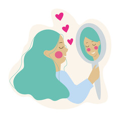 girl looks in the mirror, girl loves herself, vector people, I love myself, cult of love for your body and yourself