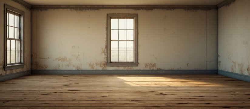 A room in a house is depicted with an empty interior. Two windows allow natural light to illuminate the space. The wooden floor adds warmth and texture to the room.