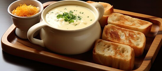 A white wooden tray is filled with a cup of delicious cheese cream soup accompanied by slices of bread. The soup is creamy and savory, offering a delightful meal experience.