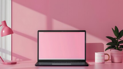 empty blank pink laptop screen mockup for business professional female entrepreneur or job or for girl student education degree concepts with office desk background as wide banner design