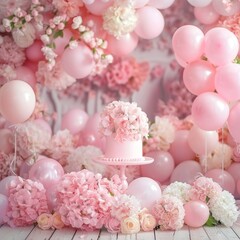 Obraz na płótnie Canvas make a pastel pink cakesmash backdrop with pastel pink ballons arcade and flowers