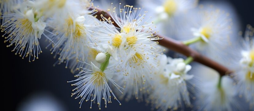 This close up shows the intricate details of white flowers blooming on a willow tree. The delicate petals and green leaves create a beautiful contrast.