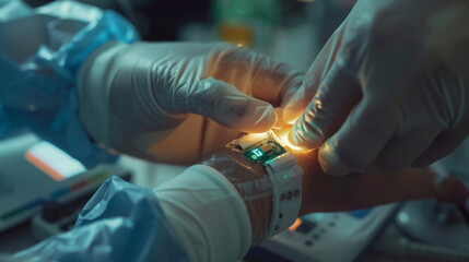 A medical professionals hand inserting a microchip into a patients wrist for secure identification and access to their records.