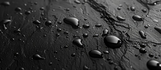 A close-up black and white photograph showing water droplets scattered on a slate surface. The droplets are captured in detail, showcasing the beauty of their shapes and reflections.