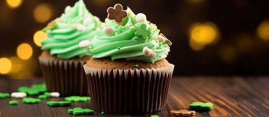 Two cupcakes with bright green frosting and festive shamrock decorations are showcased on a rustic wooden table, perfect for St. Patricks Day celebrations.