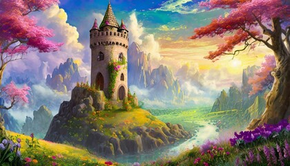 Medieval castle in the mountain, fantasy wallpaper artwork with vibrant colors - obrazy, fototapety, plakaty