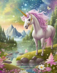 Obraz na płótnie Canvas Fantasy unicorn artwork in a spring landscape with flowers and northern lights