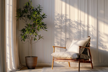Beautiful wooden chair with a pillow on the background of the wall near the window with decoration elements with a vase with plants
