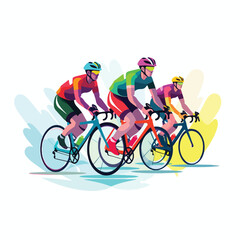 Colorful poster with cyclists riding bicycles. Cycli