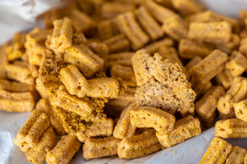 Stegobium paniceum known as bread beetle or biscuit beetle is pest in houses, stores and warehouses. Beetle on cereals. Drugstore beetle 