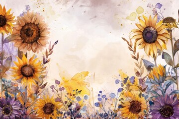 watercolor floral frame with sunflowers and wild flowers Generative AI