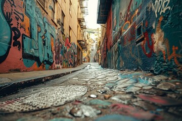 Bold, colorful urban graffiti vs subtle, faded wall paint in a narrow alley, showcasing street art contrast