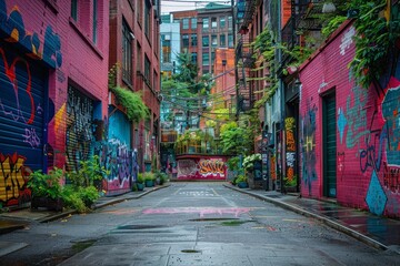 Vivid urban graffiti contrasts with subtle, worn wall paint in a narrow alley, displaying street...