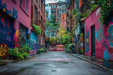 Foto op Plexiglas Smal steegje Vivid urban graffiti contrasts with subtle, worn wall paint in a narrow alley, displaying street art diversity