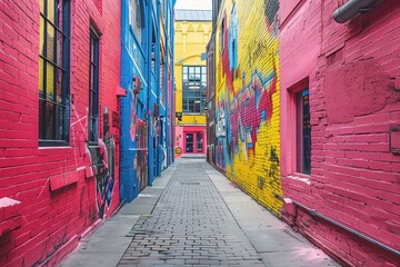 Vivid urban graffiti contrasts with understated wall paint in a narrow alley, showcasing street art...