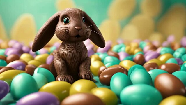 4K Video Happy Easter bunny and easter eggs, Cute Chocolate Easter bunny with Sunglasses