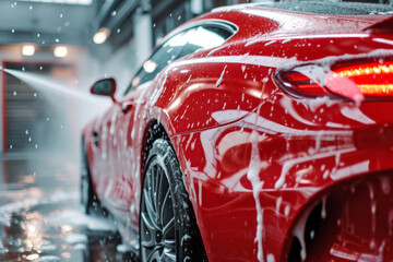Washing a beautiful red sports car. Red sports car with foam at the car wash, selective focus with space for text or inscriptions
 - obrazy, fototapety, plakaty