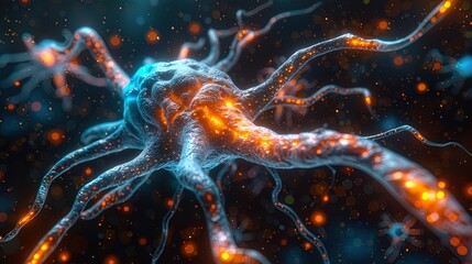 Macro photograph revealing the intricate structure of synapses and neurotransmitter receptors - obrazy, fototapety, plakaty