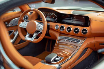 Beautiful beige interior of a luxury coupe, view of the entire cockpit with the steering wheel
 - obrazy, fototapety, plakaty