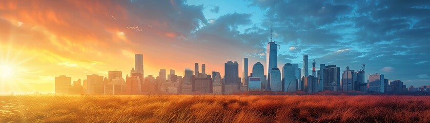 City and nature stand apart: urban skyscrapers against rural sunset, showcasing the stark contrast - obrazy, fototapety, plakaty
