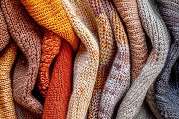 Autumn Fall Knitted Wool Fabric many colors multicolor, close up view from above
