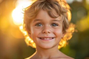 Fototapeta premium Close-up on face of little boy smiling outdoor in the sunlight