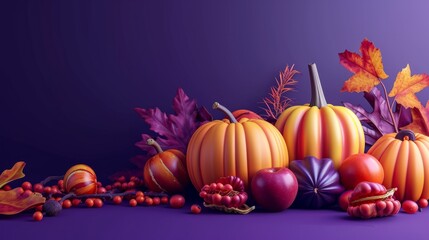 Naklejka na ściany i meble pumpkins and autumn fruits on purple background generative ai