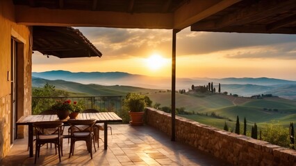 Obraz premium Breathtaking sunrise over the rolling hills of Tuscany from your private terrace