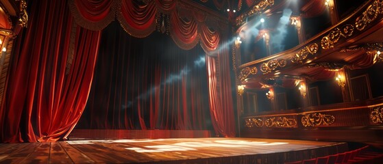 A Stage With Red Curtains and Lights - obrazy, fototapety, plakaty