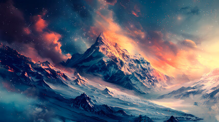 Starry Snowscape Majestic Mountains Bathed in Twilight Hues