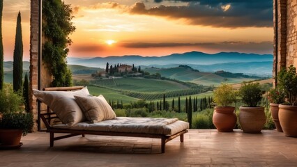 Breathtaking sunrise over the rolling hills of Tuscany from your private terrace - obrazy, fototapety, plakaty