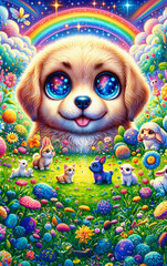 Cute puppy above a dreamy meadow surrounded by strange creatures
