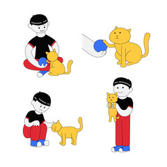 vector design of a boy playing with a cute cat, graphic cartoon illustration, playing with pet