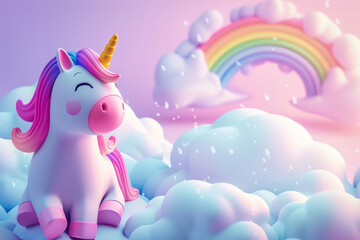 Amazing sky with rainbow and fluffy clouds with unicorn. Pink unicorn with a rainbow in the background with space for text or inscriptions
