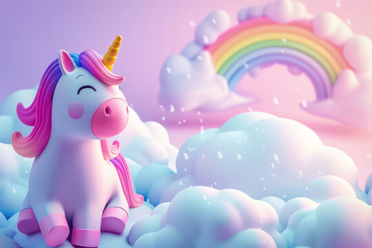 Amazing sky with rainbow and fluffy clouds with unicorn. Pink unicorn with a rainbow in the background with space for text or inscriptions