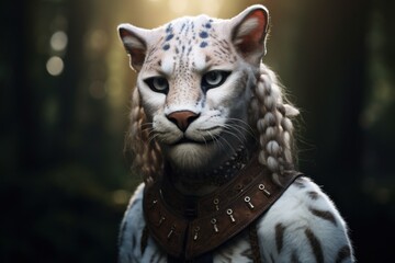 a white cat with braids and a collar - obrazy, fototapety, plakaty