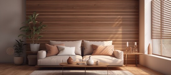 A modern living room featuring a white fabric couch adorned with pillows, complemented by wooden blinds on the windows. The room is styled with minimalist decor and carpets, against a background of