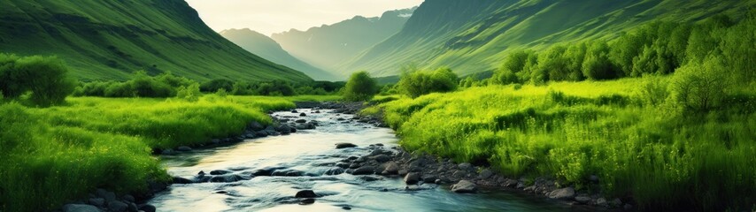 a river running through a valley - obrazy, fototapety, plakaty