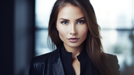 Naklejka premium a woman with long brown hair wearing a black jacket