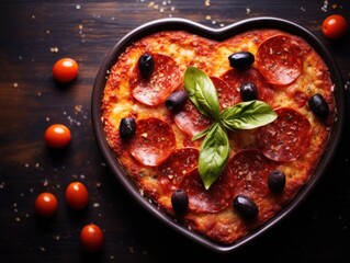 a heart shaped pizza with olives and pepperoni on top