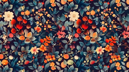 Collage contemporary orange floral and polka dot shapes seamless pattern - obrazy, fototapety, plakaty