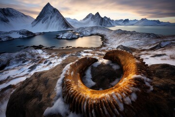 an animal horn on a rocky shore with snow and mountains in the background - obrazy, fototapety, plakaty