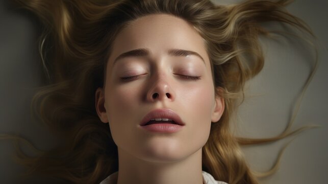 a woman lying down with her eyes closed