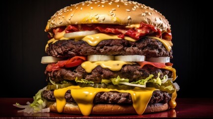 a large cheeseburger with cheese and vegetables
