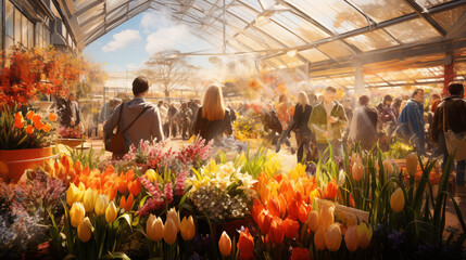 Sunlit Floral Market Under Glass Roof - obrazy, fototapety, plakaty