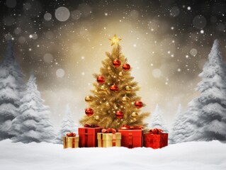 Obraz premium a christmas tree with presents in the snow